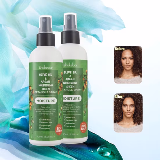 Spray capilar de marca própria para cuidados com os cabelos, azeite nutritivo para brilho e desembaraço